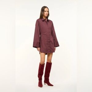Staud Cindy button shirtdress bell wide sleeves in merlot red wine cotton